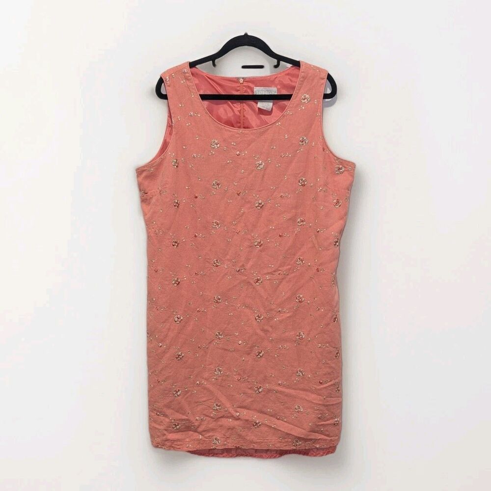 Vintage Studio C Size 18 Coral Floral Embroidered Linen Shift Dress‎ Cottagecore